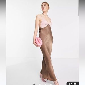ASOS DESIGN maxi satin backless dress in brown and pink color block